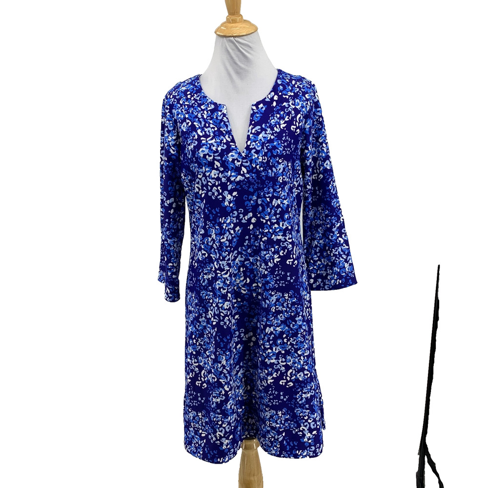 Jude Connally Dress Womens M Medium Blues White Megan Tunic Floral Split Neck